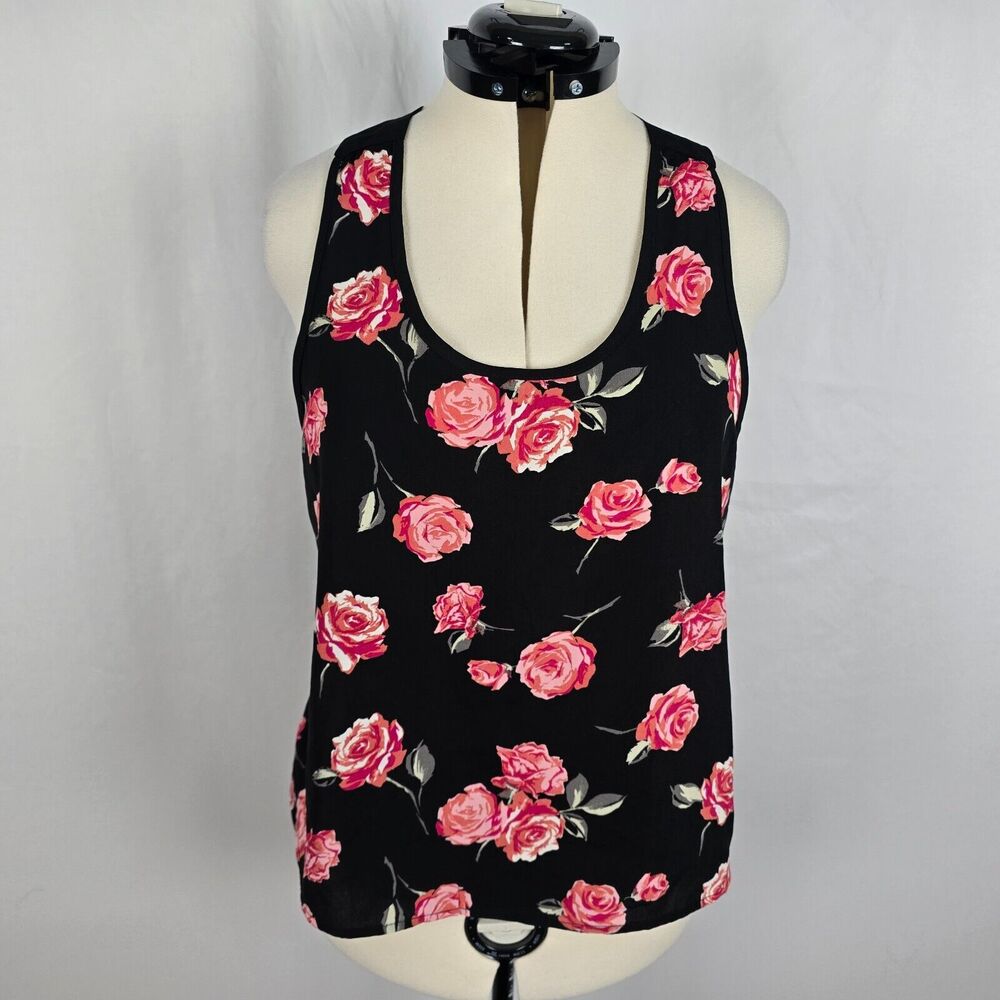 Xhiliration Swing Tank Women's XXL Black Pink Floral Scoop Neck Sleevelese NWT